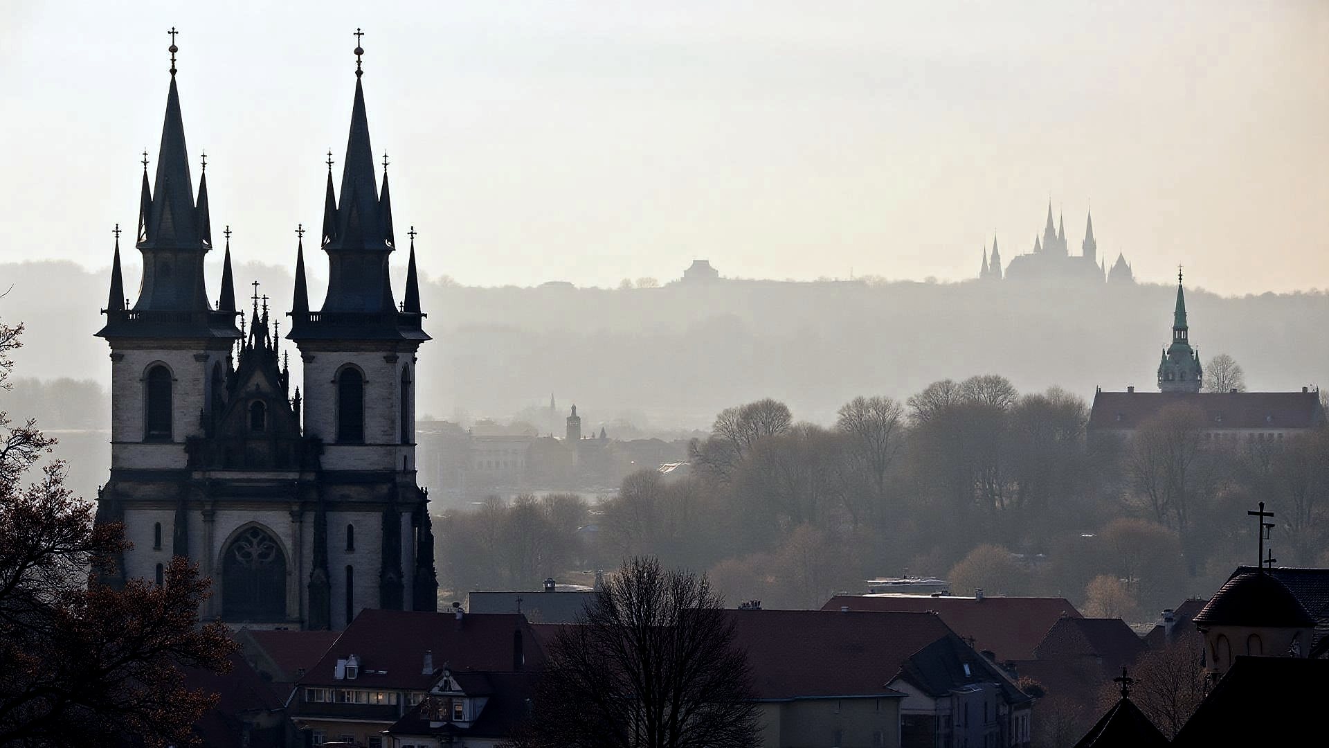 Praha za ranní mlhy — věže Holešovic a v dálce Pražský hrad